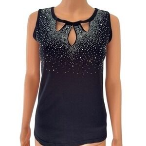 Black Rhinestone Keyhole Sleeveless Tank Top Studded Cutout Party Shirt